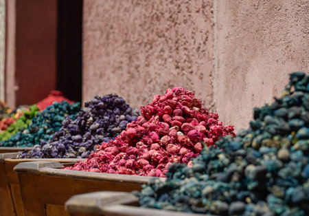 Different dried cocoons for aromatherapy and teas displayed in zouk at Marrakeshの写真素材