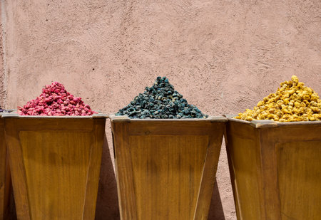 Different dried cocoons for aromatherapy and teas displayed in zouk at Marrakeshの写真素材