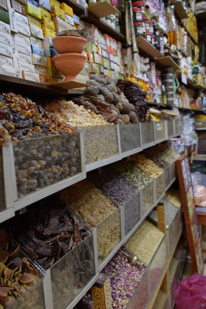 Gum arabic and spices displayed in a local bazaar market in Marrakeshの写真素材