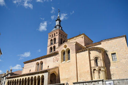 Medieval Church in limestone with statue, semicircular flares and Herrerian roofの写真素材