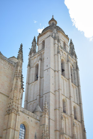 Keep of Gothic Cathedral of Segovia with pinnacles, architraves and lobed archesの写真素材