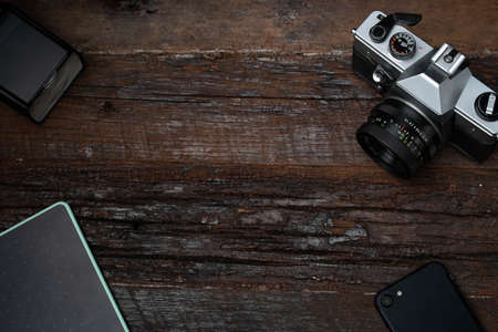 Photography equipment with wooden backgroundの写真素材