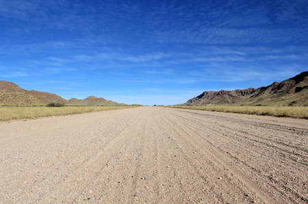 Grassy Savannah with mountains in background, Namib desert road to Sesriem, Namibia.の写真素材