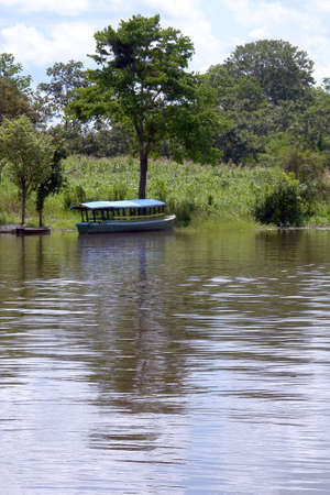 Passenger boat in Amazon river margin, near Leticia, Colombia, Brazil and Peru border triangle area                             の写真素材