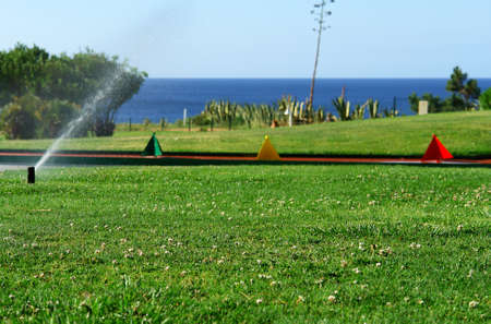 Garden irrigation system watering lawnの写真素材