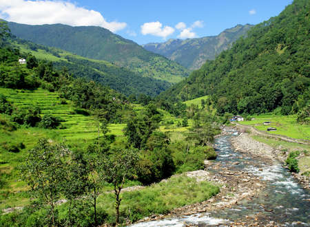 Rice fields and freshwate. Himalayan landscape, Nepalの写真素材
