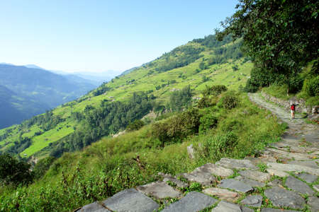 Trekkers in the Himalayan mountains, Annapurna conservation region, Nepalの写真素材