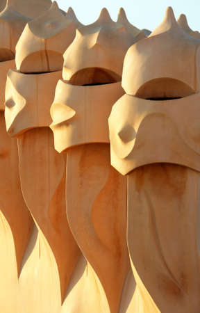 Famous chimneys at Casa Mila (also called La Pedrera) by Antoni Gaudi - roof top - Barcelona                                の写真素材