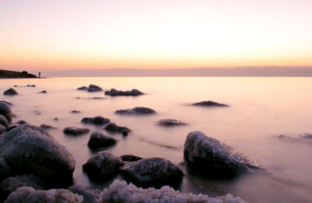 Dead Sea coastline at sunset, whit salt crystals and formations in the rocks  Jordanの写真素材