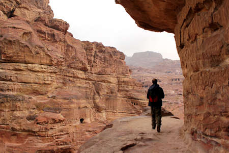 Trekking in the canyon gorge formation  Ancient city of Petra, UNESCO World Heritage Site  Jordanのeditorial素材