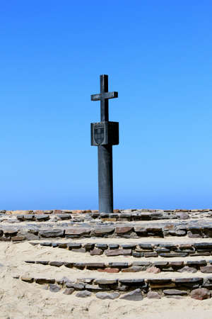 stone cross at Cape Cross Bay, Skeleton Coast Namibia   Settled by Portuguese navigator and explorer Diogo in 1484 のeditorial素材