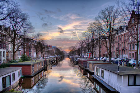 View of famous city canals (gracht) of Amsterdam, The Netherlands.のeditorial素材