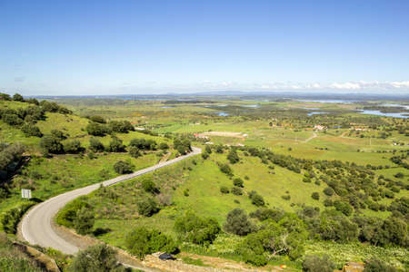 View from town of Monsaraz, on the right margin of the Guadiana River in Alentejo region, near Alqueiva dam and the border with Spain. Portugalの写真素材