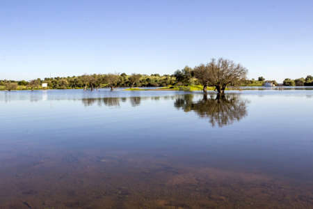 Alqueva Dam lake. It impounds the River Guadiana, on the border of Beja and Evora Districts in south of Portugal and constitutes one of the largest dams and artificial lakes (250 km²) in Western Europe.の写真素材