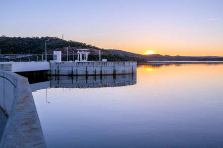 Alqueva Dam lake. It impounds the River Guadiana, on the border of Beja and Evora Districts in south of Portugal and constitutes one of the largest dams and artificial lakes (250 km²) in Western Europe.の写真素材