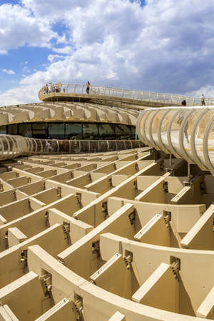 SEVILLE SPAIN  MAY 2014: Panoramic view in the top of Metropol Parasol in Plaza de la Encarnacion on 31 of May 2014 in SevillaSpain. the extraordinary new Seville Market Hall an attractive destination for tourists and locals alike. Projected by J. Mayer Hのeditorial素材