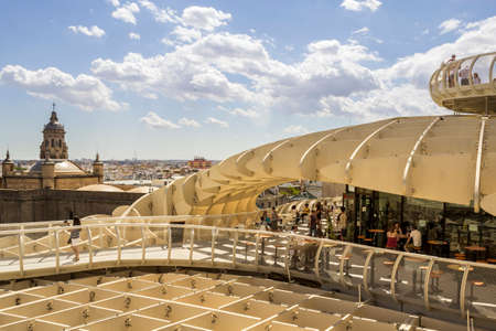 SEVILLE SPAIN  MAY 2014: Panoramic view in the top of Metropol Parasol in Plaza de la Encarnacion on 31 of May 2014 in SevillaSpain. the extraordinary new Seville Market Hall an attractive destination for tourists and locals alike. Projected by J. Mayer Hのeditorial素材