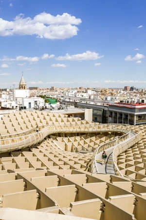 SEVILLE SPAIN  MAY 2014: Panoramic view in the top of Metropol Parasol in Plaza de la Encarnacion on 31 of May 2014 in SevillaSpain. the extraordinary new Seville Market Hall an attractive destination for tourists and locals alike. Projected by J. Mayer Hのeditorial素材