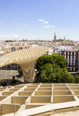 SEVILLE SPAIN  MAY 2014: Panoramic view in the top of Metropol Parasol in Plaza de la Encarnacion on 31 of May 2014 in SevillaSpain. the extraordinary new Seville Market Hall an attractive destination for tourists and locals alike. Projected by J. Mayer Hのeditorial素材