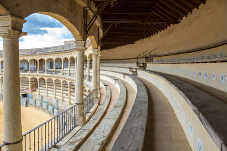 The Plaza de toros de Ronda the oldest bullfighting ring in Spain. Built in 1784 in Neoclassical style by architect Jos Martin de Aldehuela The arena has a diameter of 66 metres surrounded by a passage formed by two rings of stone and 136 pillars that makのeditorial素材