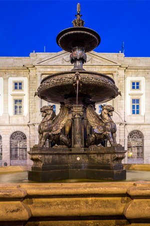 University Gomes Teixeira Square Fountain, Porto night cityscape, Portugal.の写真素材