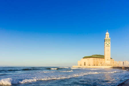 View on seafront of Grande MosquÃÂ©e Hassan II in Casablanca, Moroccoの写真素材