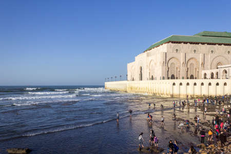 View on seafront of Grande Mosque Hassan II in Casablanca, Morocco.の写真素材