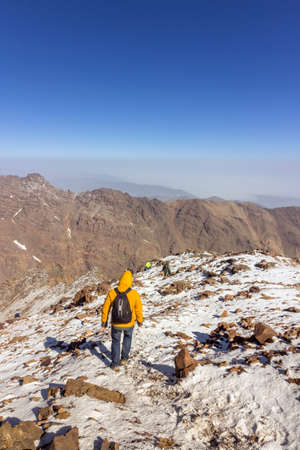 Toubkal national park, the peak whit 4,167m is the highest in the Atlas mountains and North Africa, trekker trail view. Moroccoのeditorial素材