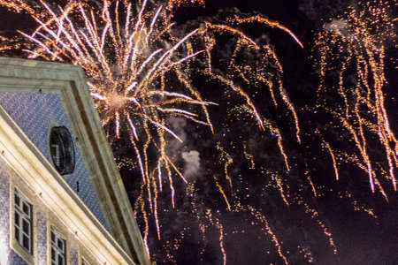 Fireworks of festival of St John of Porto, a celebration that happens every year during Midsummer, on the night of 23 June, Porto, Portugal.のeditorial素材
