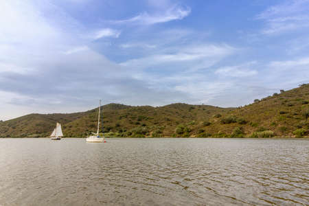 Guadiana River the Border of portugal and Spain at the east Algarve in the south of Portugal in Europe. Guerreiros do Rio, Alcoutim. Portugalの写真素材