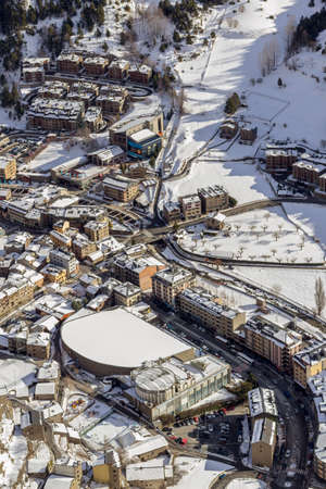 Village of Canillo view from observation deck, in Roc Del Quer trekking trail. Principality of...
