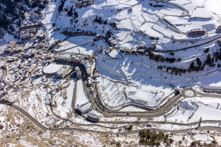 Village of Canillo view from observation deck, in Roc Del Quer trekking trail. Principality of...