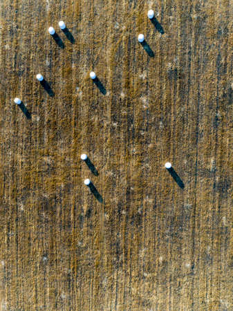 Aerial rolled hay farmland fields countryside landscape in Alentejo, tourism destination region, Portugal.の写真素材