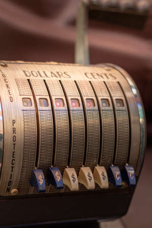 Close up shot of a antique 1950`s Vintage Checkwriter, vintage retro style concept.の写真素材