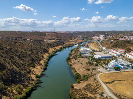 Aerial view of the Guadiana river at Azenhas (watermill) beach near town of Mertola in southeastern Portuguese Alentejo destination region. Portugal.の写真素材