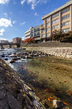 Miyagawa river in Takayama, a city in the northern mountainous Hida region of Gifu Prefecture, located in the heart of the Japan Alps. の写真素材