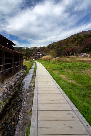 Historic Village of Ogimachi in Shirakawa-gÅ, a small, traditional village showcasing a building style known as gasshÅ-zukuri. Japan.のeditorial素材