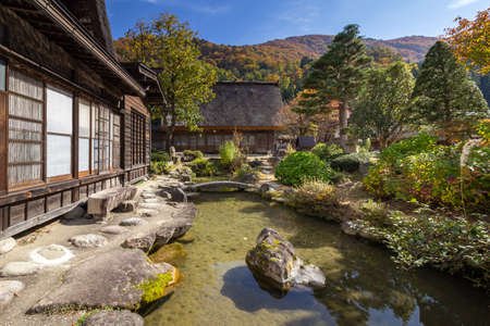 Historic Village of Ogimachi in Shirakawa-gÅ, a small, traditional village showcasing a building style known as gasshÅ-zukuri. Japan.のeditorial素材