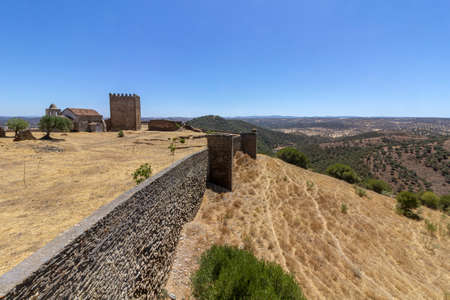 Noudar medieval castle panoramic view, with Alentejo landscape background. and Located 5 kilometres from the Spanish border. Alentejo, Portugal.のeditorial素材