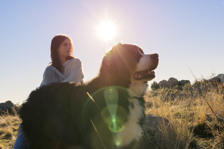 Woman with her pet contemplates the sunset from the top of the hillの写真素材