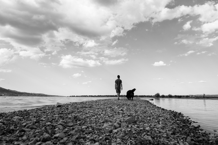 Man and his dog walking on the sandy path across the lake on a beautiful summer sunsetの写真素材