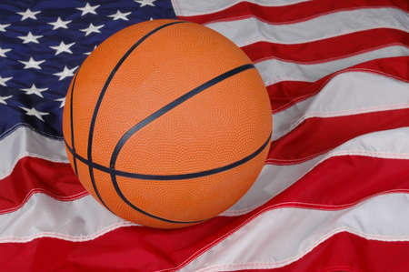 Basketball with American Flag in backgroundの写真素材