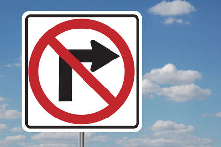 No right turn traffic sign with clouds in the background
