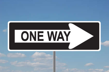 One way traffic sign (right) with clouds in the backgroundの写真素材