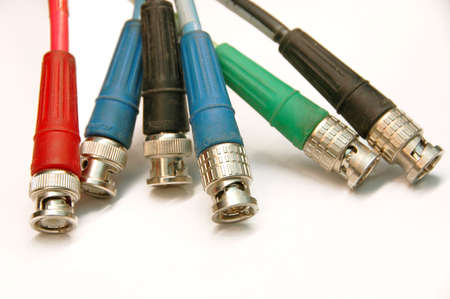 Audio cables in different colors on a white backgoundの写真素材