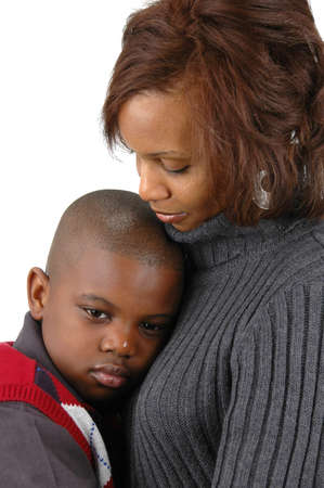 African american mother and son against white backgroundの写真素材