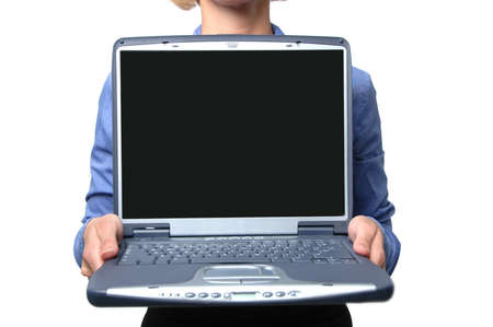 Businesswoman holding latop computer isolated on white