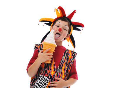 Clown boy leaking icecream isolated on a white backgroundの写真素材