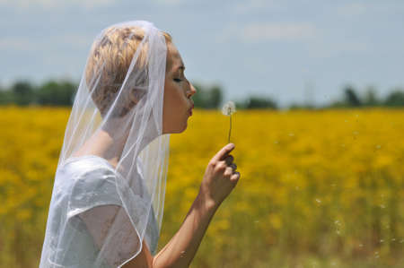 Bride in a yellow flowers field blowing a dandelion on a sunny dayの写真素材