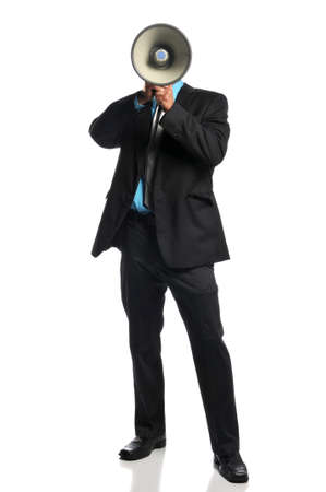 Businessman with megaphone standing and isolated on a white background
